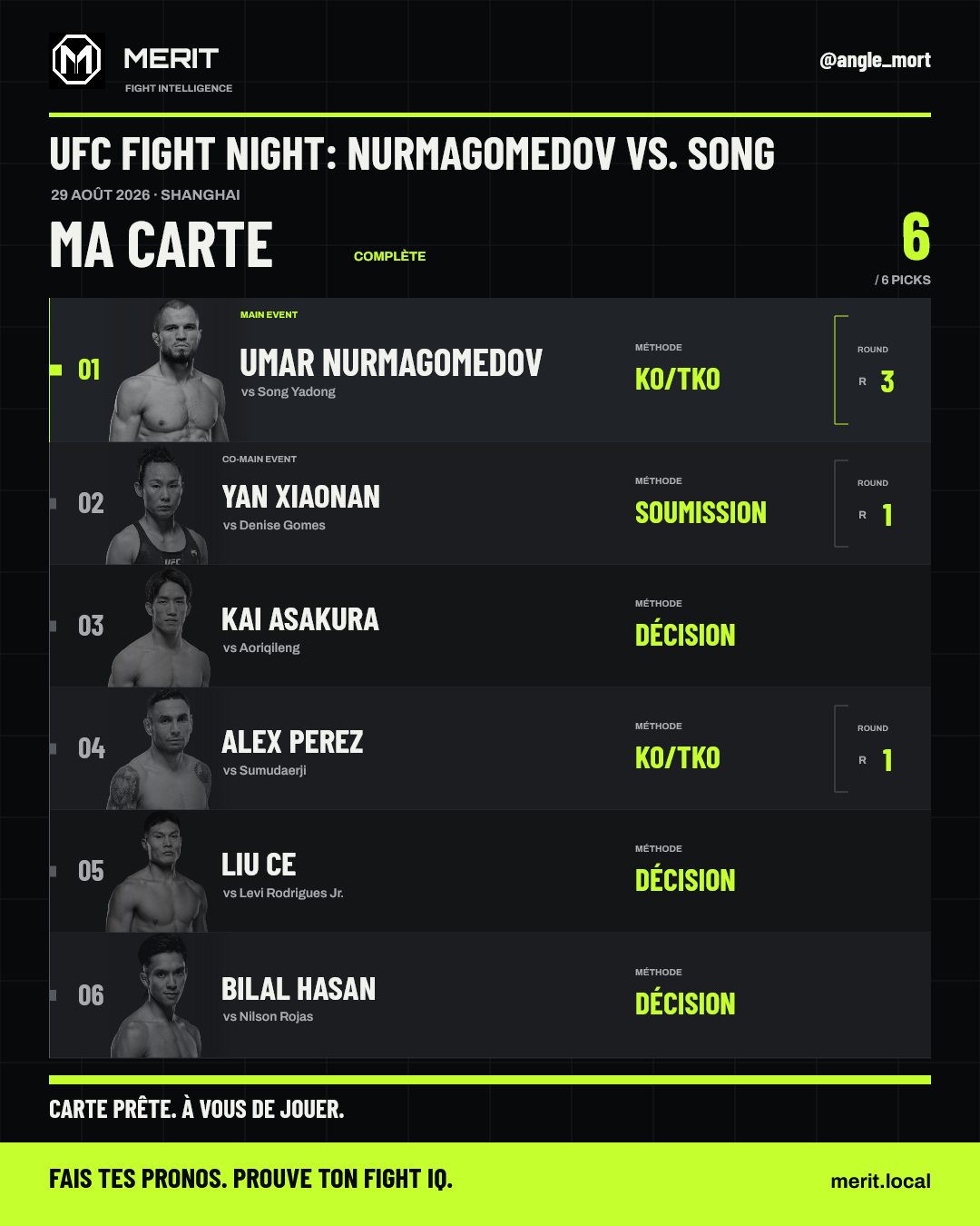 Carte de pronostics Merit pour UFC Fight Night Nurmagomedov contre Song, avec six choix complets
